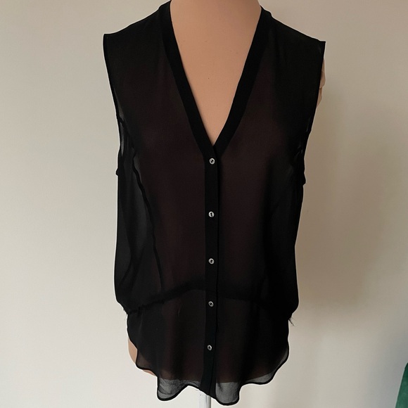 Helmut Lang Silk Chiffon Black V-Neck Sleeveless Button Down Raw Trim Top Size S - Picture 4 of 12